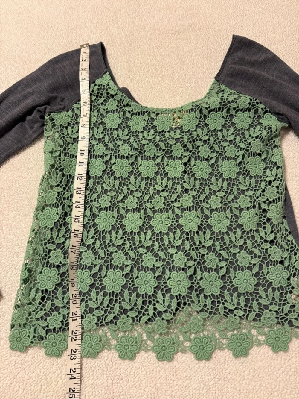 Y2K Free People Mint Green Gray Crochet Lace Long Sleeve Top Boho Crochet vtg